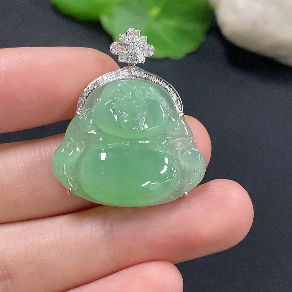 Jadeite Buddha pendant necklace with 18k gold and diamond accents, featuring a detailed Buddha figure on a chain.