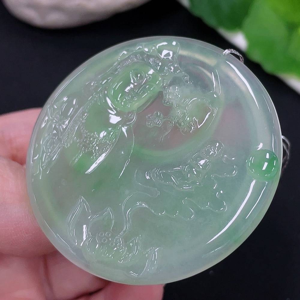 Huiliu Jadeite Guanyin pendant featuring a detailed carved figure, glossy green jade material, and certified quality.