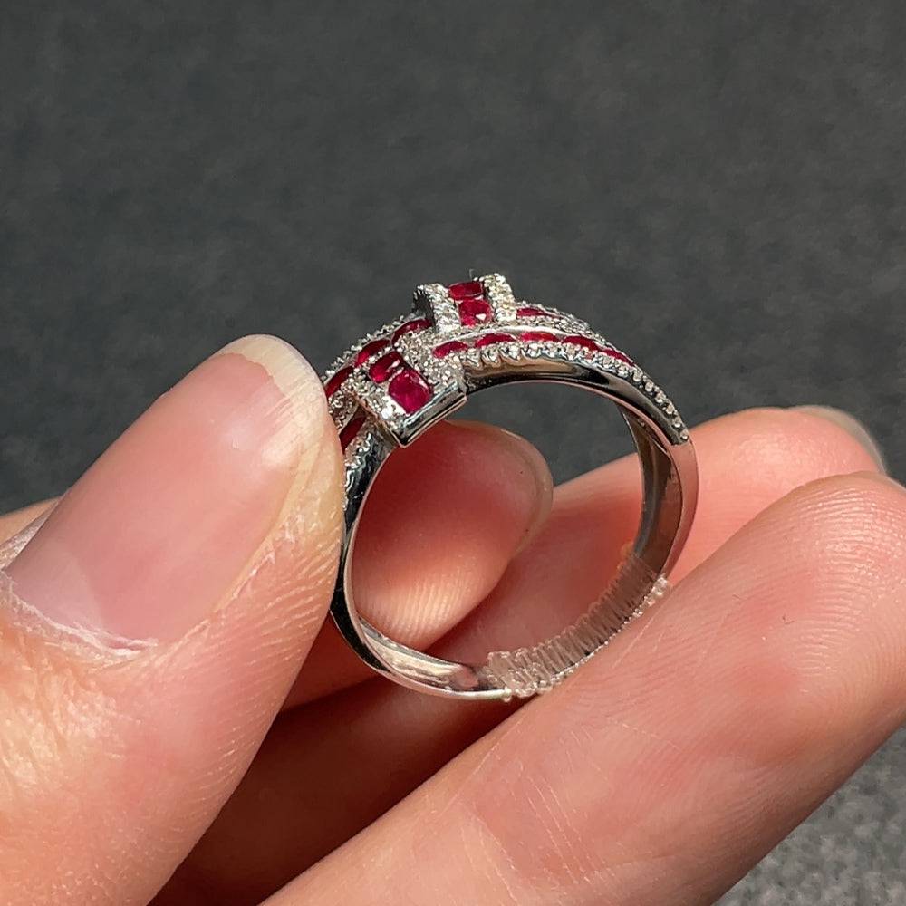 Huiliu Ruby gemstone ring with diamond accents, featuring a filling design, showcasing vibrant red color and sparkling details.