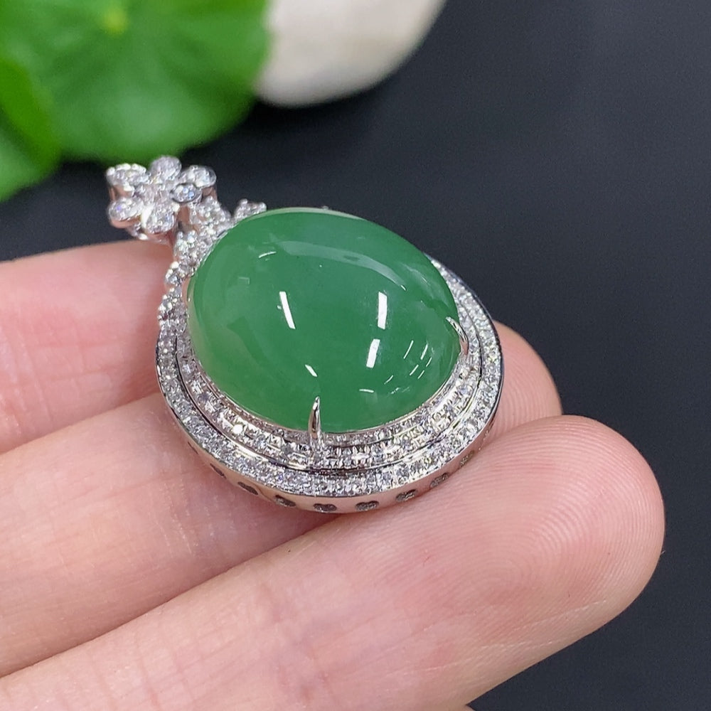 Jadeite Cabochon Pendant in 18K Gold with Diamond Accents