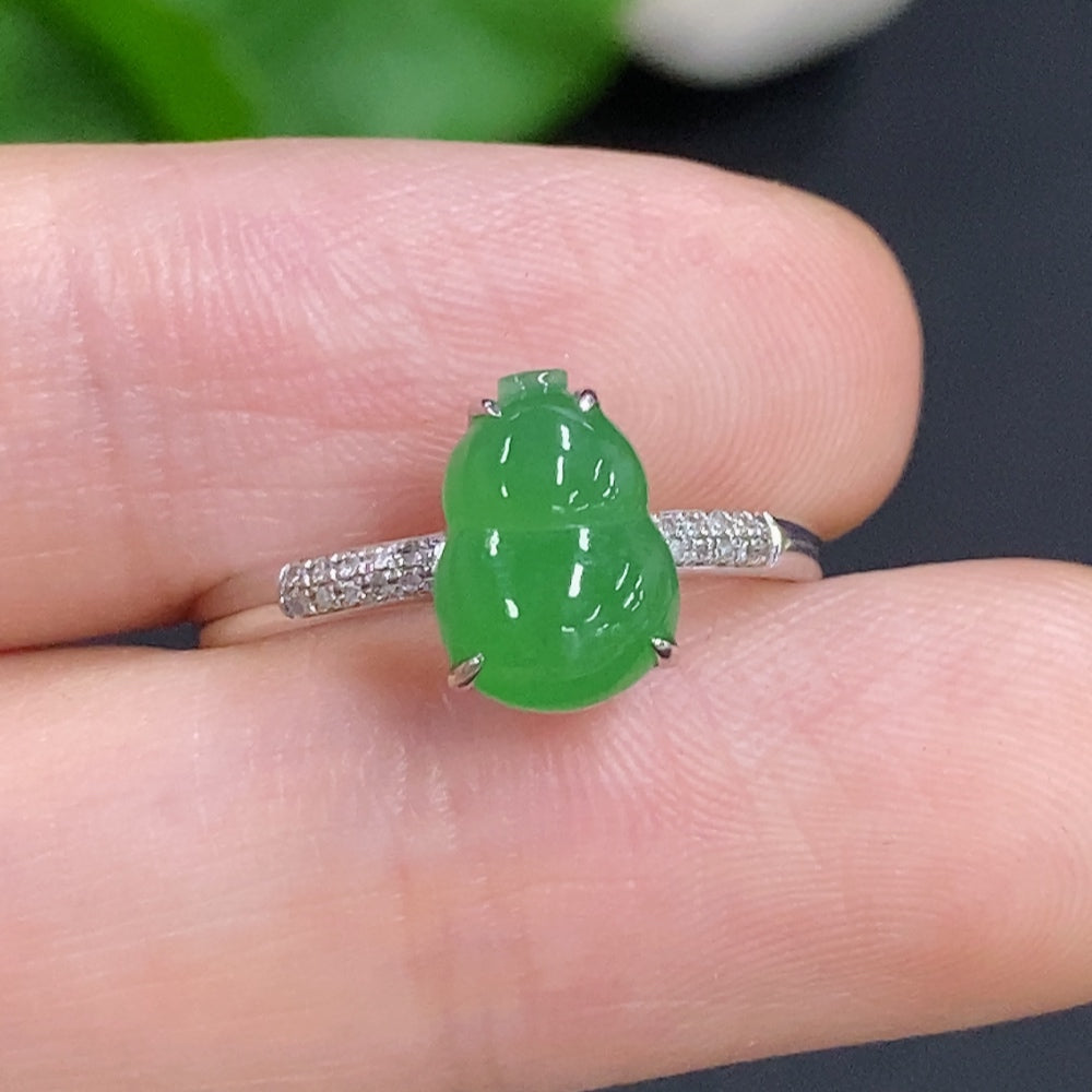Jadeite gourd inlay ring with 18K gold band and diamond accents, size 13, from HKHQ, featuring intricate jade and gold design.