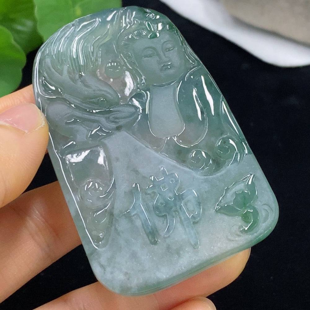 Jadeite Guanyin pendant by HUILIU HQ, intricately carved jade figure, weighing approximately 39.33 grams, showcasing detailed craftsmanship.