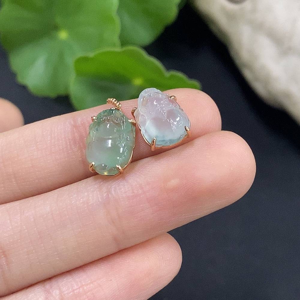 Pair of jadeite inlaid earrings with earplug weights from HUILIU HQ, featuring intricate jade craftsmanship.