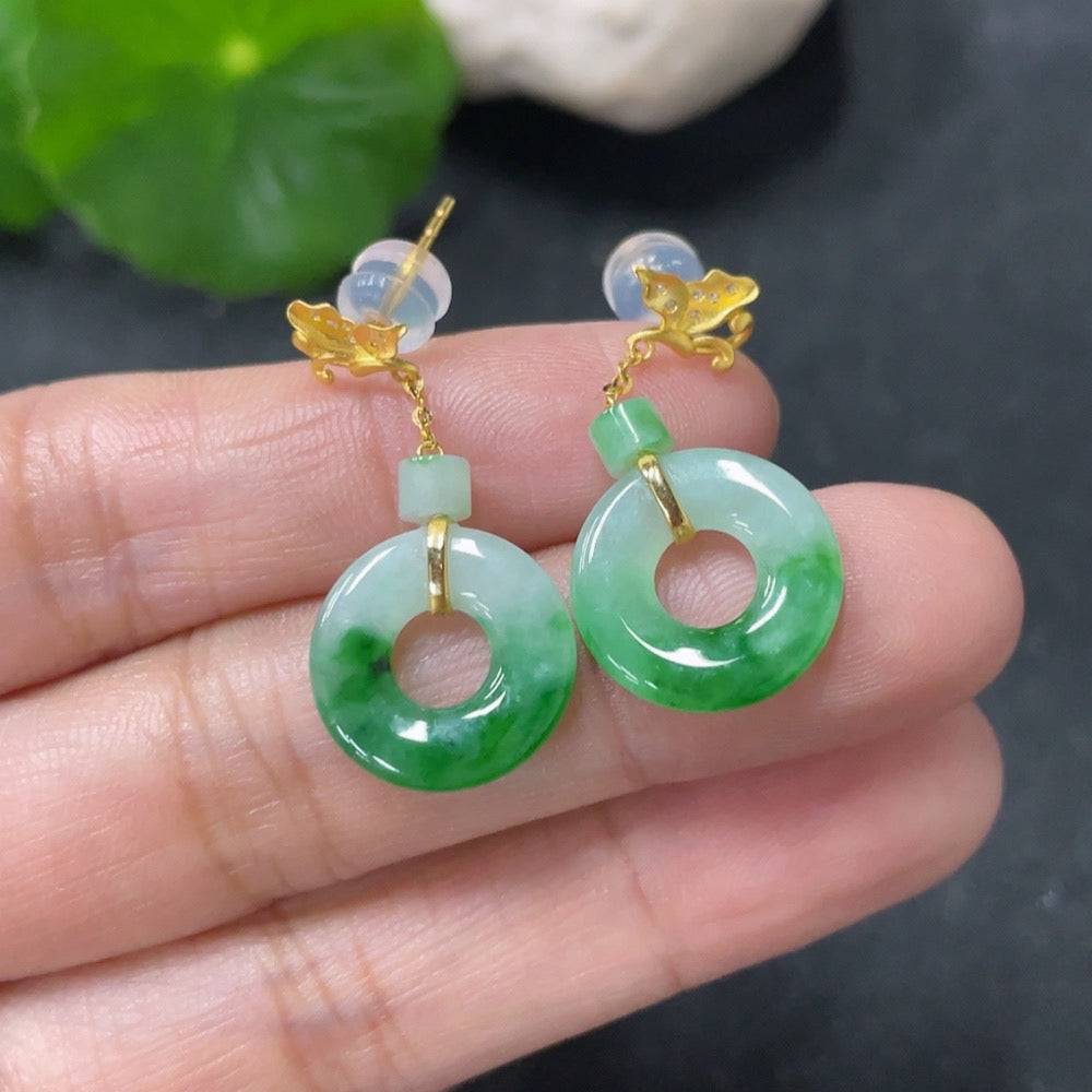 HUILIU HQ jadeite earrings with 18k gold and diamond accents, featuring elegant jade stones and intricate gold work.