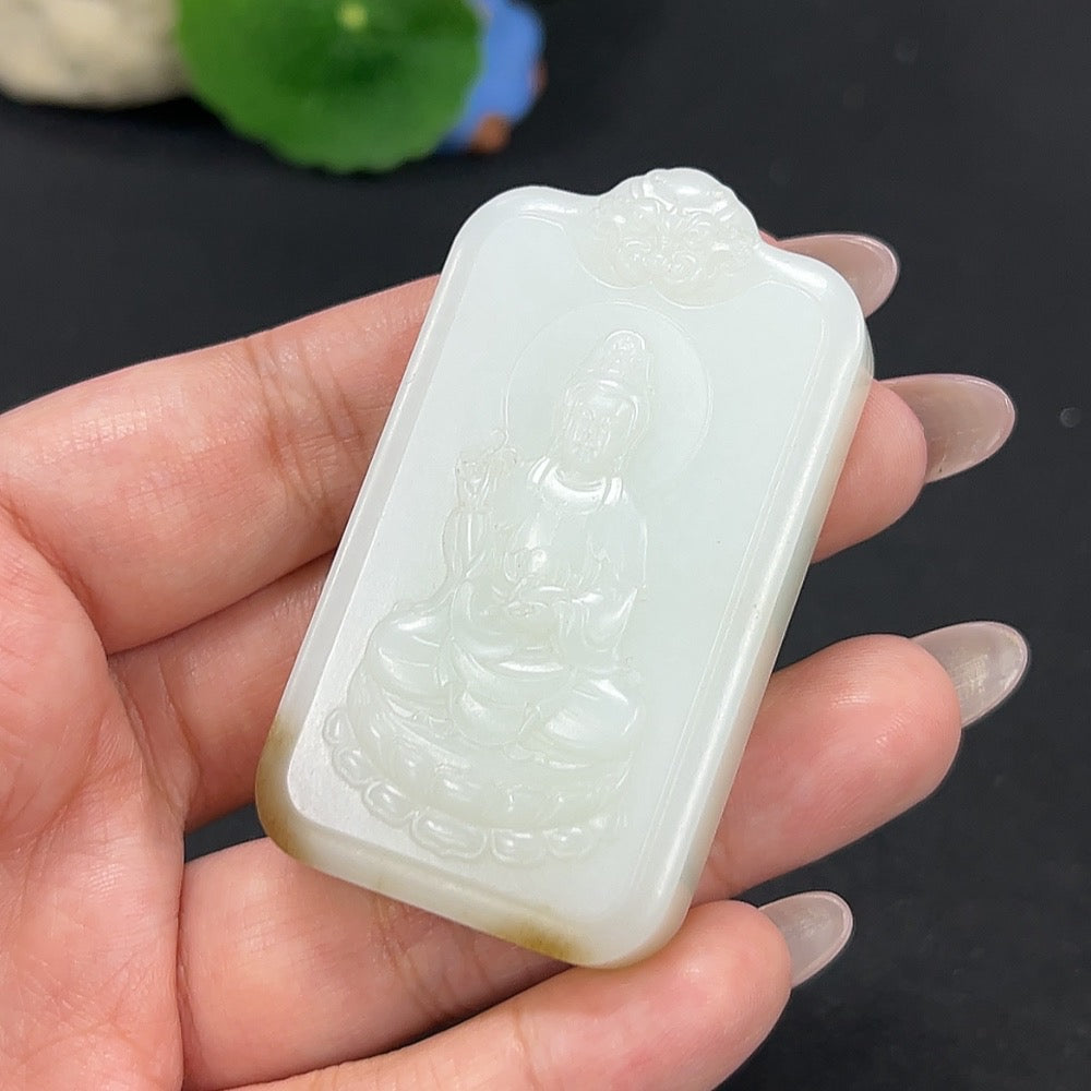 Hetian Jade Pendant featuring Guanyin figure, crafted from smooth green jade, weighs approximately 61.3g, by HKHQ.