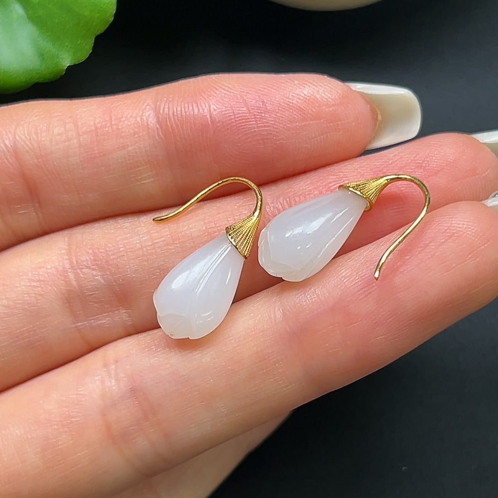 Hetian jade bud earrings with 18k gold setting, featuring small jade stones and delicate design, weight approximately 2.75g.