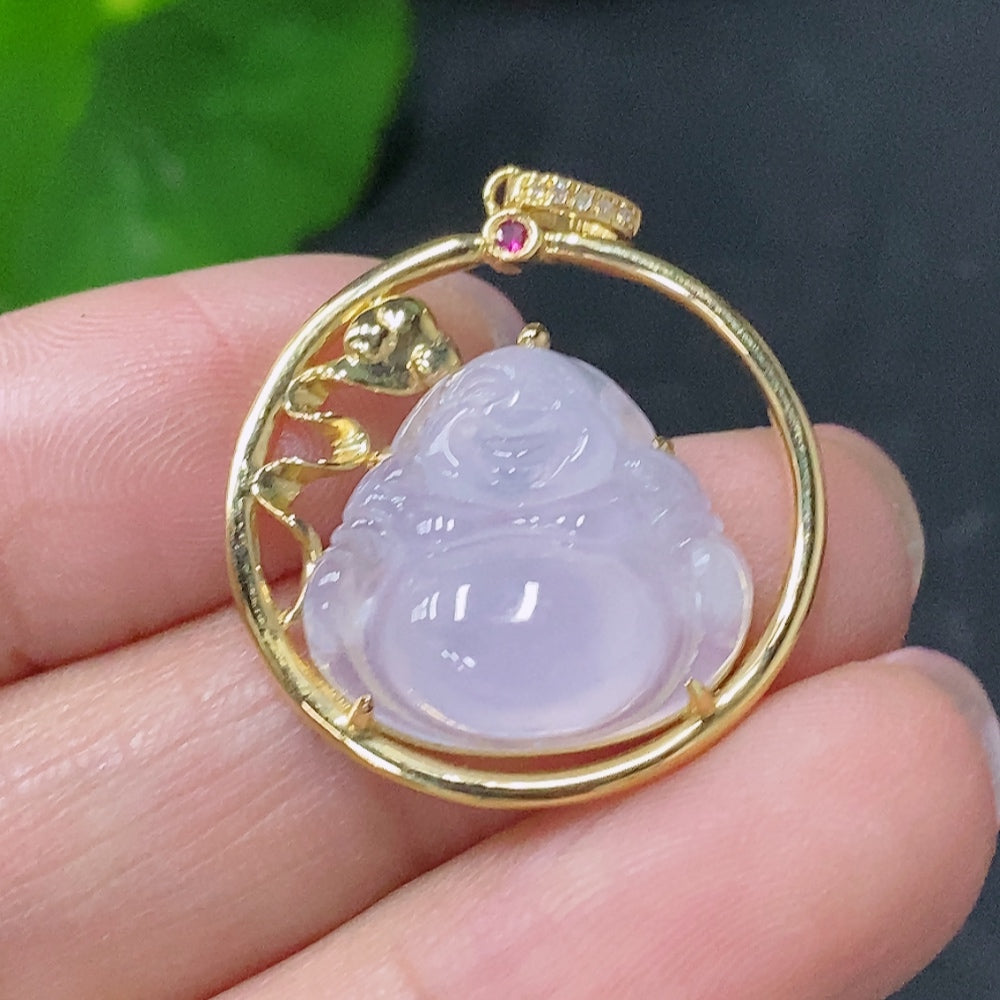 Jadeite Inlaid Buddha Pendant with and Diamond Accents, Approximately | Huiliu Certified