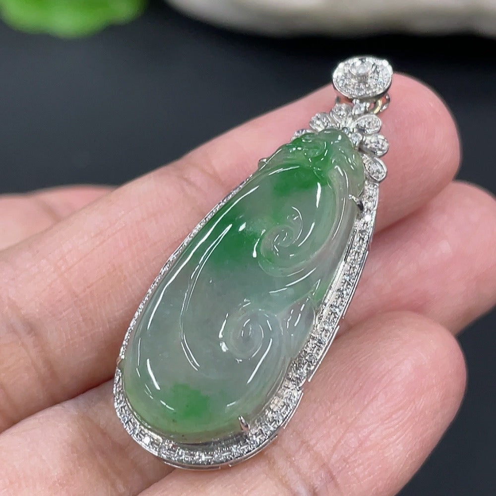 Jadeite Ruyi Inlaid Pendant 18K Gold (With Diamond Accents)
