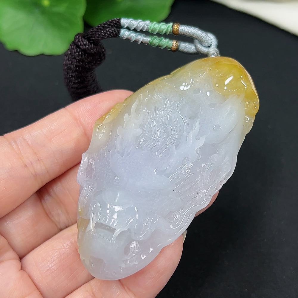 Jadeite dragon pendant with rope, weighing approximately 53.8g, featuring detailed dragon design, natural green jade from unknown origin.