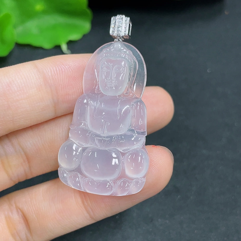 Jadeite Guanyin pendant with 18K gold and diamond accents, featuring detailed carving, weighs approximately 5.56 grams.