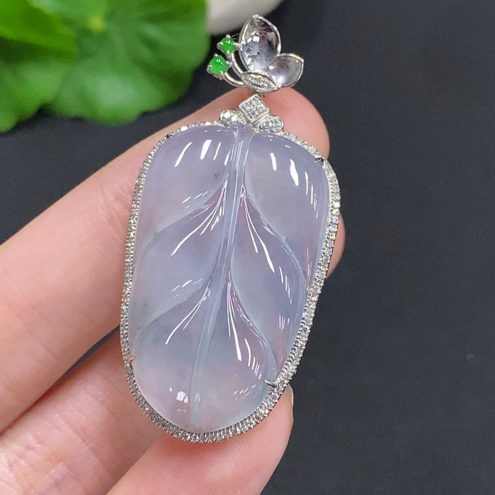 Jadeite Leaf Inlay Pendant Inlaid with Diamonds Approximately | Huiliu Certified