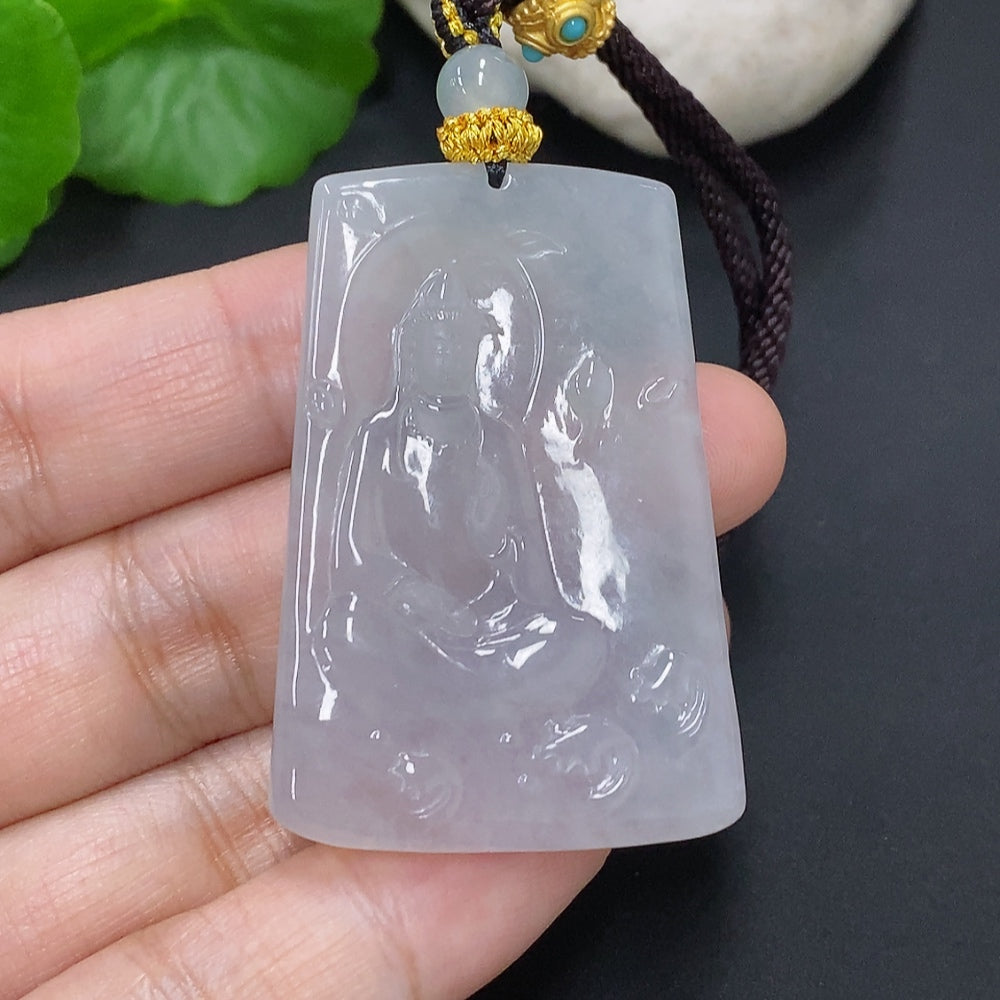 Jadeite Guanyin pendant with cord, crafted from green jade, weighing approximately 25.2 grams, by HUILIU HQ.