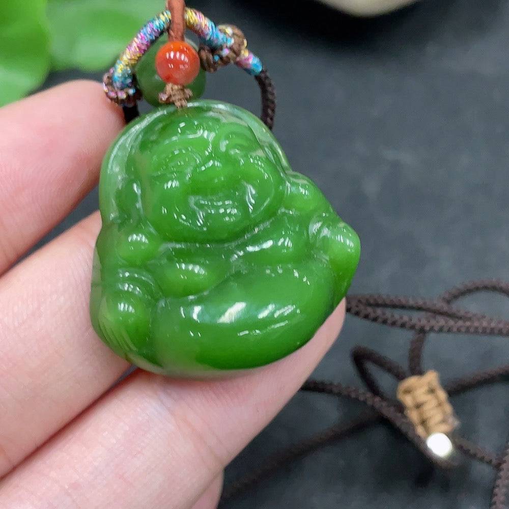 Huiliu Hetian jade Buddha pendant with rope, showcasing smooth, polished jade carved in a serene Buddha shape.