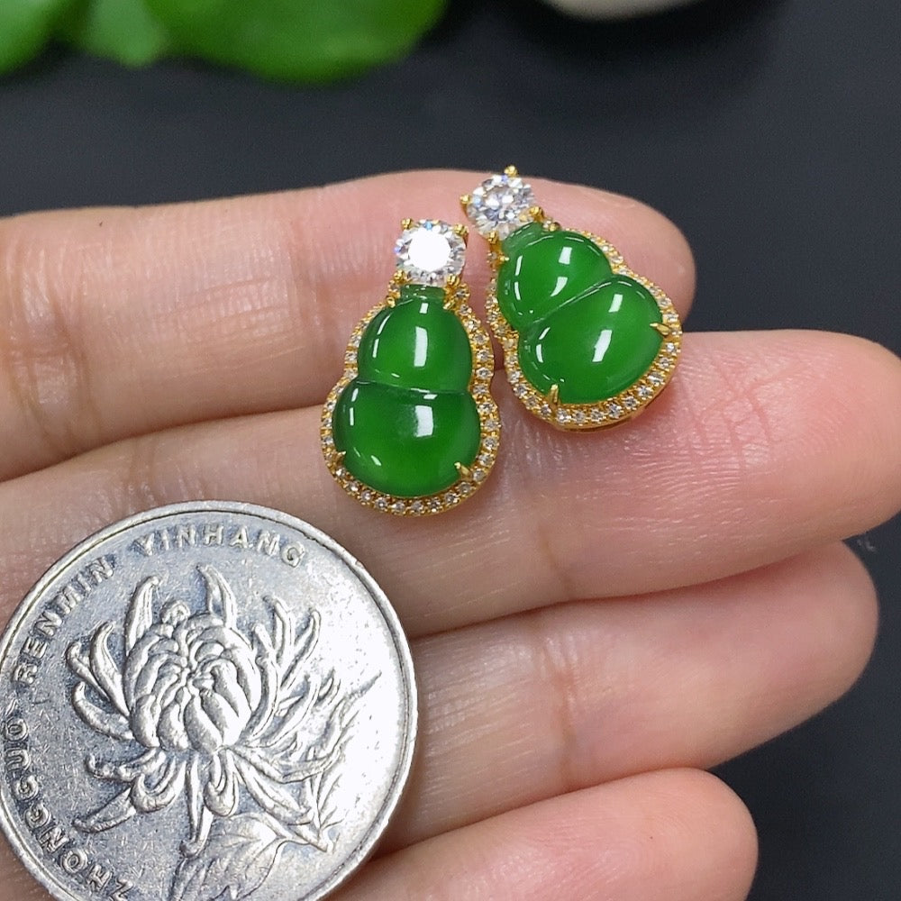 Jadeite gourd inlaid earrings . (only the smallest accent stones are diamonds) | Huiliu Certified