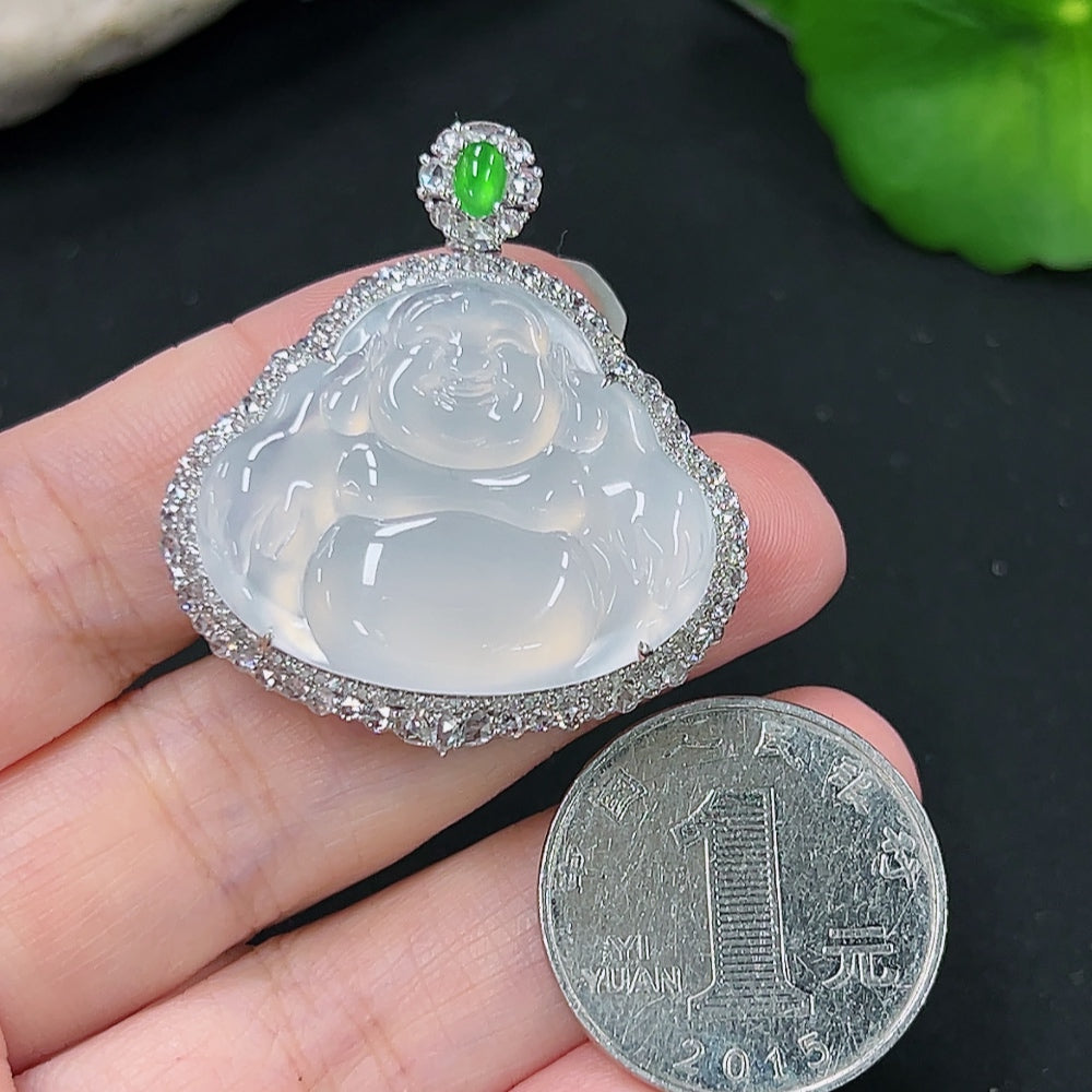 Jadeite Buddha Pendant with 18K Gold Mount, Total Weight Approx. 11.2g (Diamond Accented)