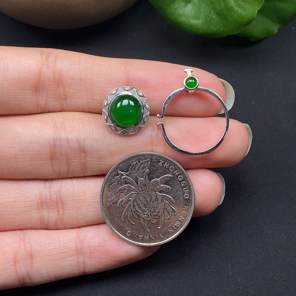 HKHQ jadeite jewelry set featuring two cabochons and diamonds in 18K gold, showcasing intricate craftsmanship and elegant design.