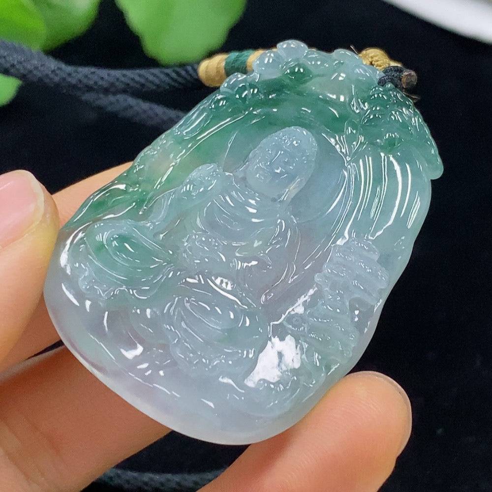 Jadeite Buddha pendant with rope, weighs approximately 26.06g, crafted by HUILIU HQ, featuring detailed Buddha carving on jade stone.