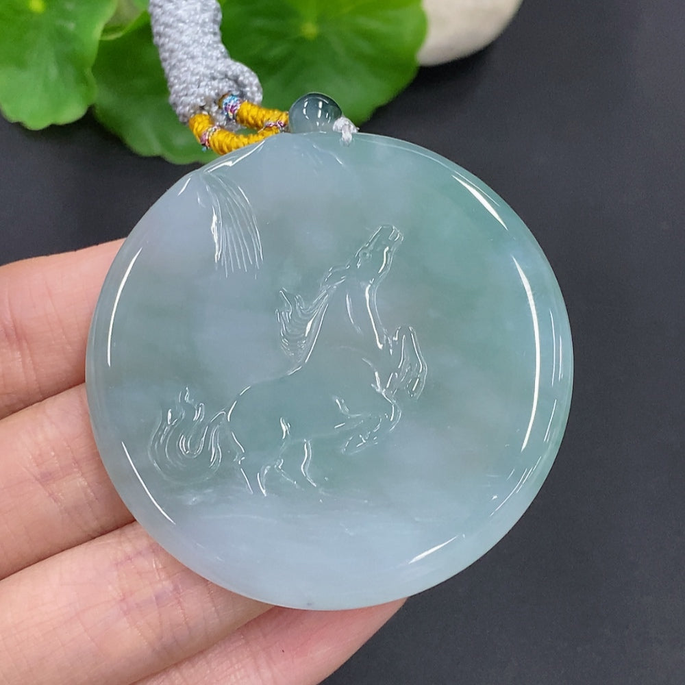 HUILIU HQ jadeite success horse pendant with rope, approximately 43.8g, showcasing a detailed carved horse design on smooth jade.