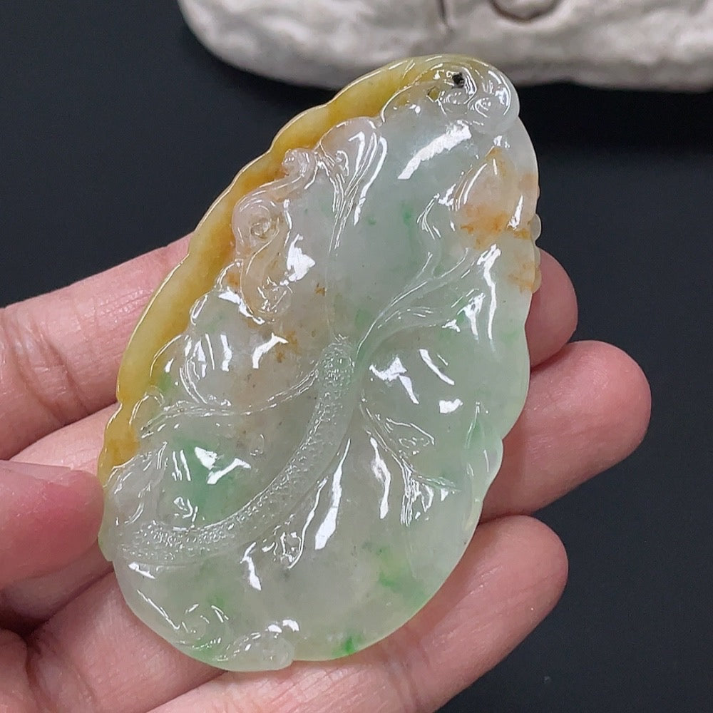 Jadeite Lotus Leaf Fish Pendant, Total Weight Approx. 27.26g, Color Origin Undetermined