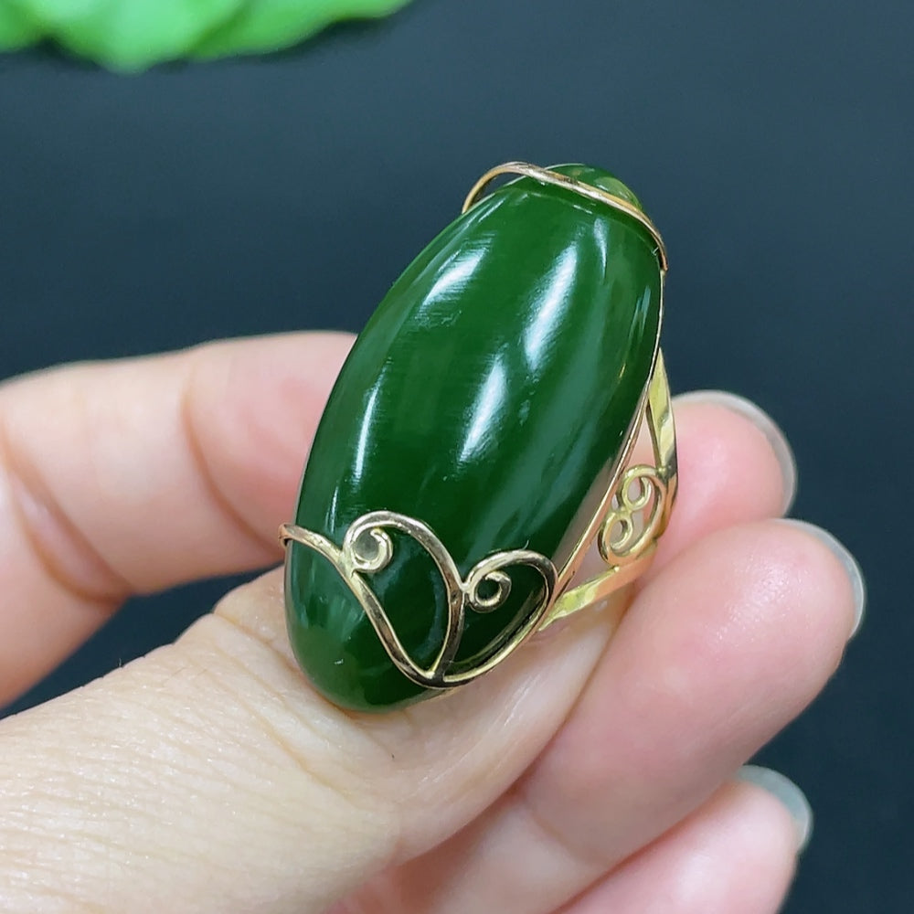 Hetian Jade Cabochon Ring with Tested 75% Gold Setting