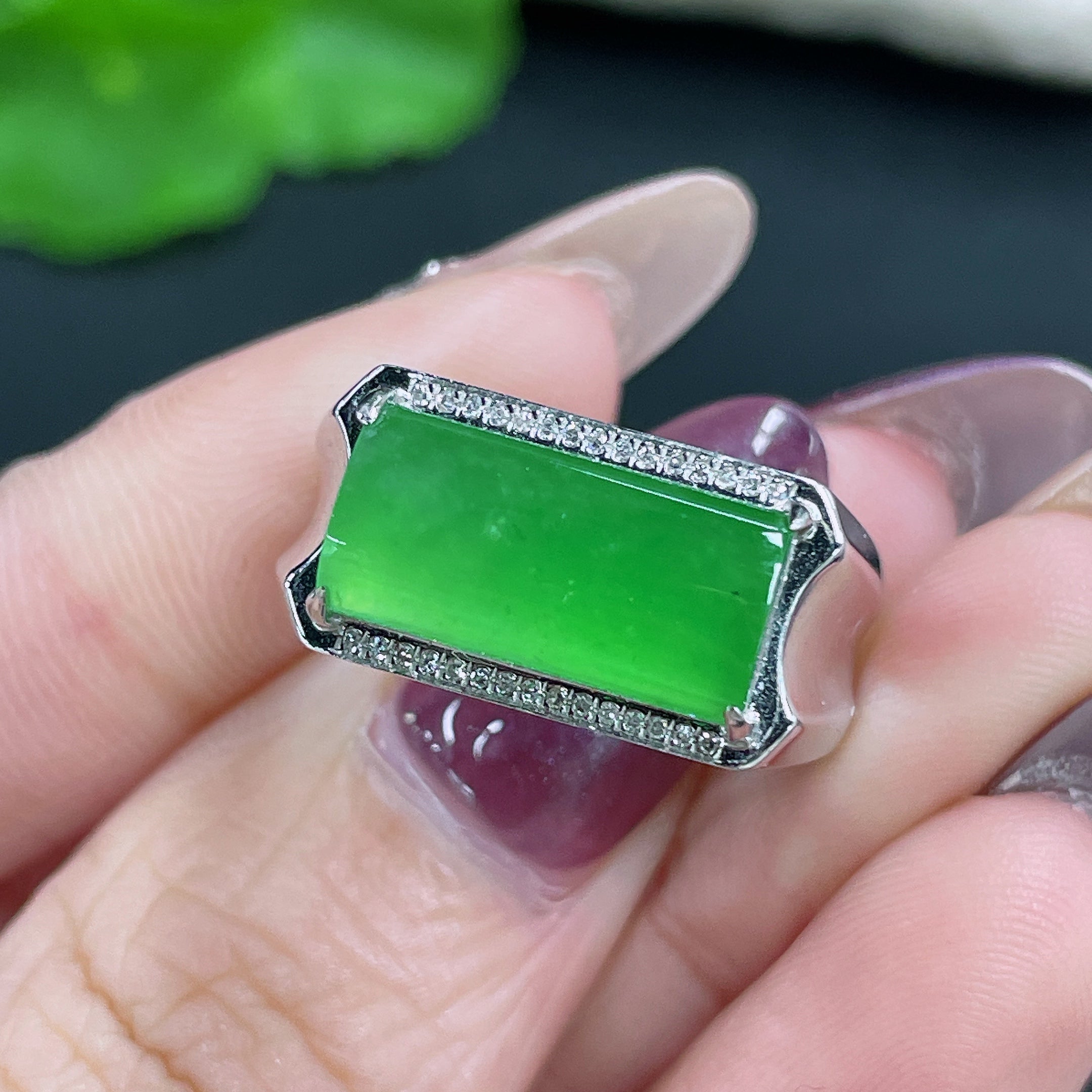 Jadeite Ring 18k Gold Setting with Diamond, Total Weight Approx. 7.8g, Size 19