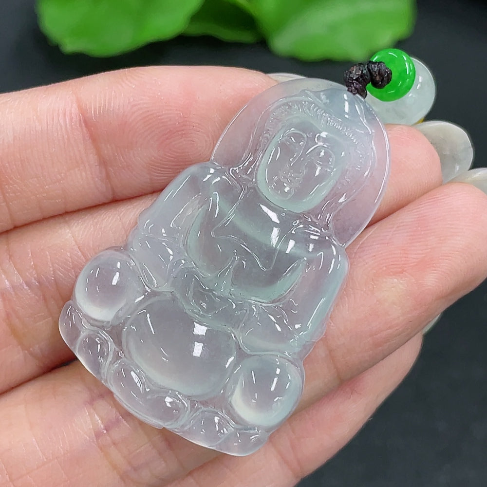 Jadeite Guanyin pendant with rope necklace, featuring detailed carved figure, in vibrant green jade, from HKHQ.