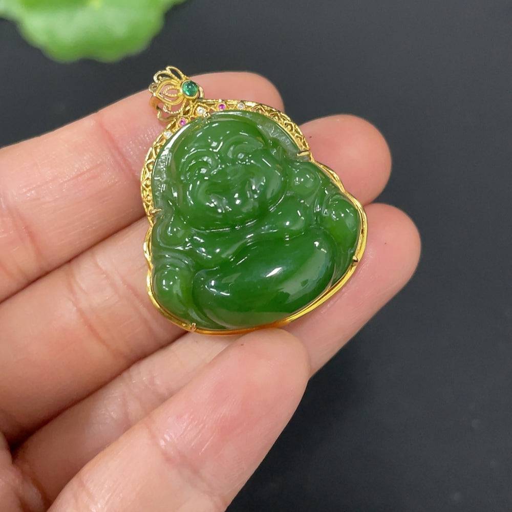 Huiliu HQ Hetian jade Buddha pendant with intricate inlay, crafted from high-quality jade stone, non-diamond decorative design.