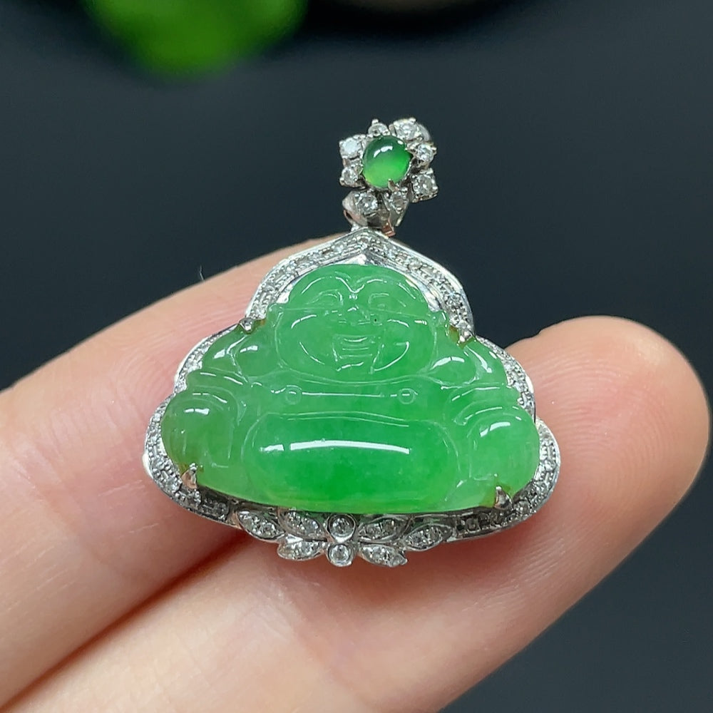 Jadeite Buddha pendant necklace with 18K gold accents and diamond details, showcasing a detailed Buddha figure on a chain.