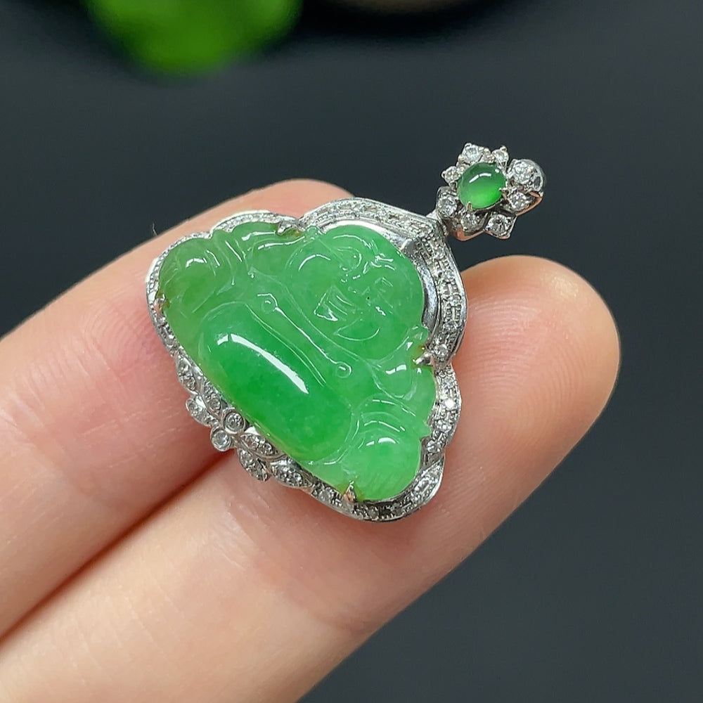 Jadeite Buddha pendant necklace with 18K gold and diamond accents, featuring a detailed Buddha figure design.