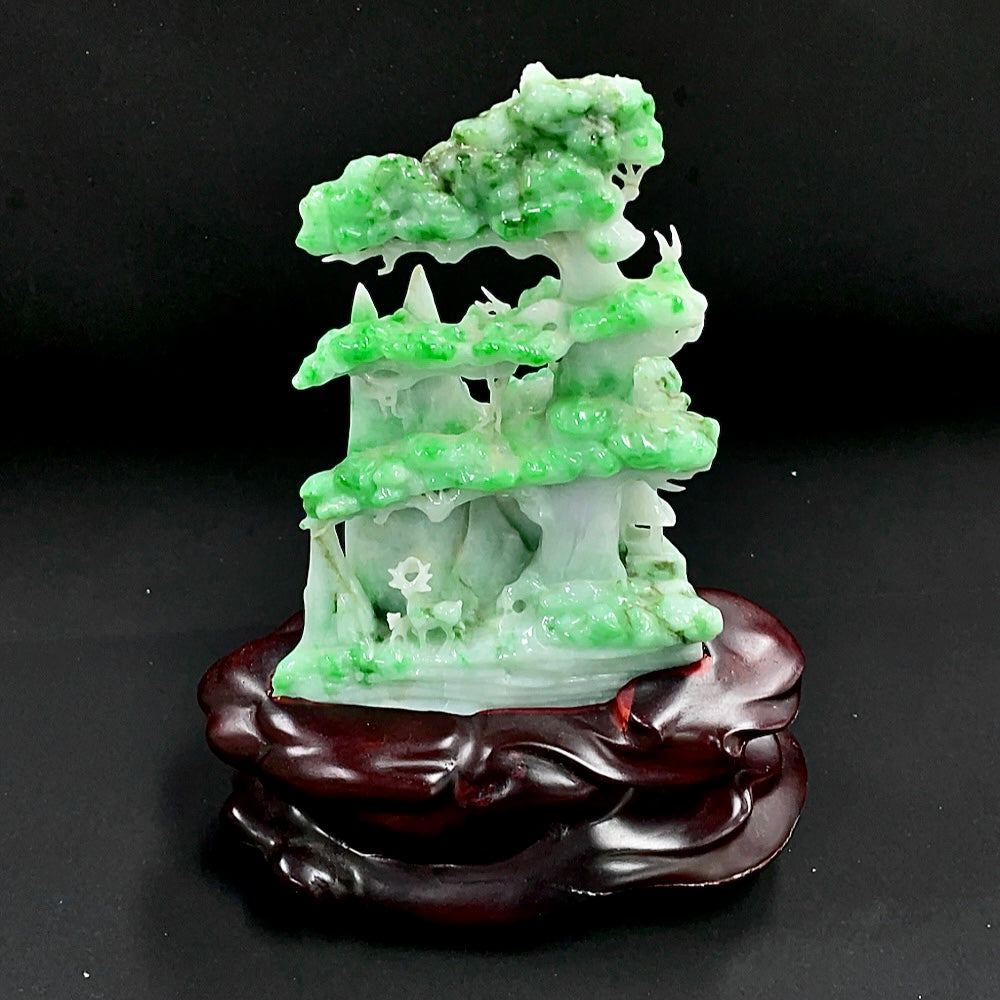 Jadeite ornament with base, crafted from jade, weighing approximately 459.39g, by HKHQ, detailed green jade surface with intricate design.