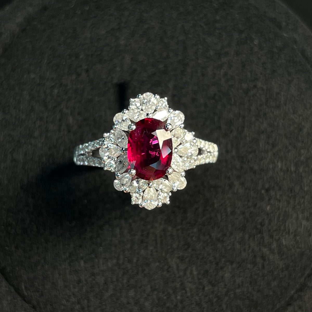 HKHQ ruby gemstone ring set in 18k gold with diamonds, size 15, vivid red color, unheated Mozambique origin, 1.25ct.
