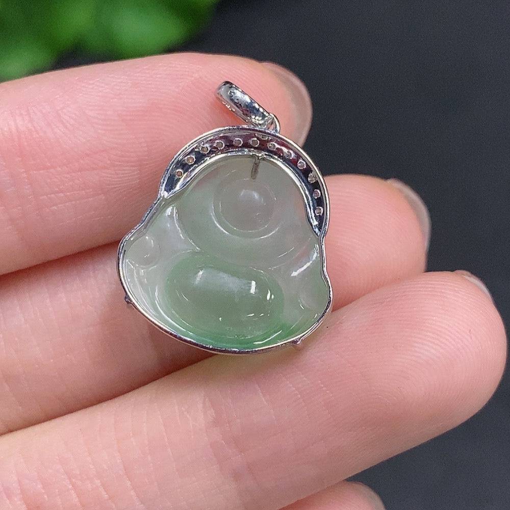 Jadeite Buddha pendant with 18K gold accents and diamond details, lightweight jewelry piece from HUILIU HQ.