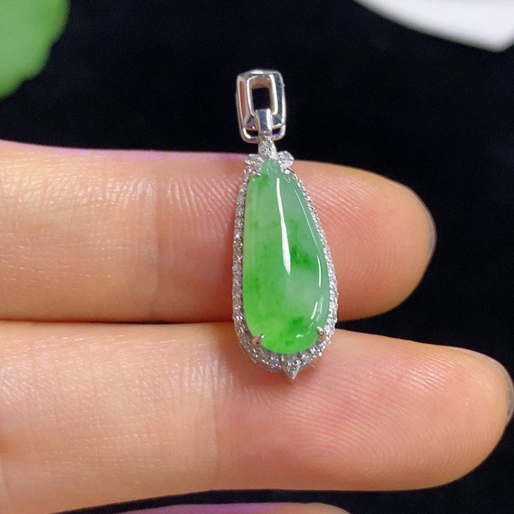 Huiliu Jadeite Lucky Bean Pendant with diamond accents, polished jade stone, gold bail, and intricate design.