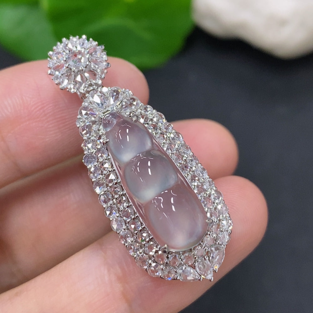 Jadeite Auspicious Bean Pendant in 18K Gold (Diamond Accented)