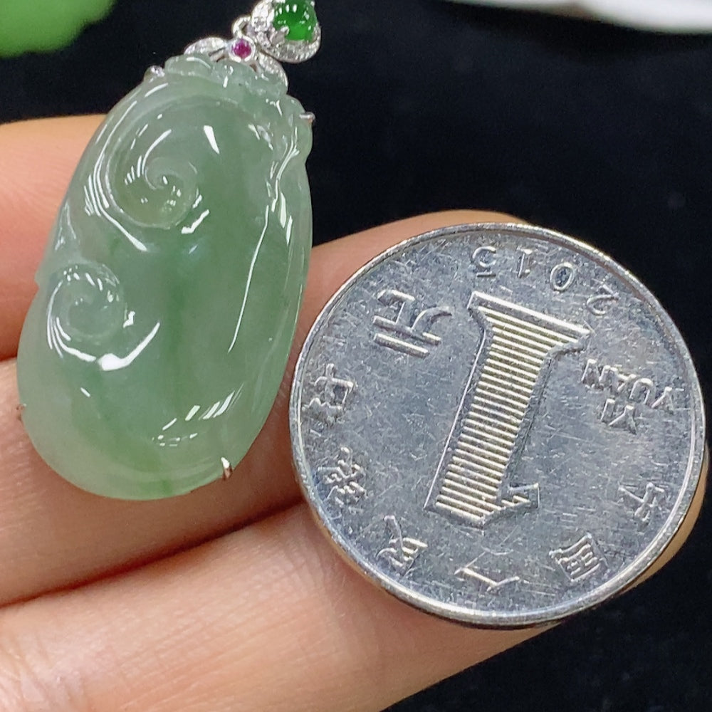 HUILIU HQ jadeite pendant Ruyi with inlaid colorless diamonds, certified by Huiliu, featuring intricate jade craftsmanship.