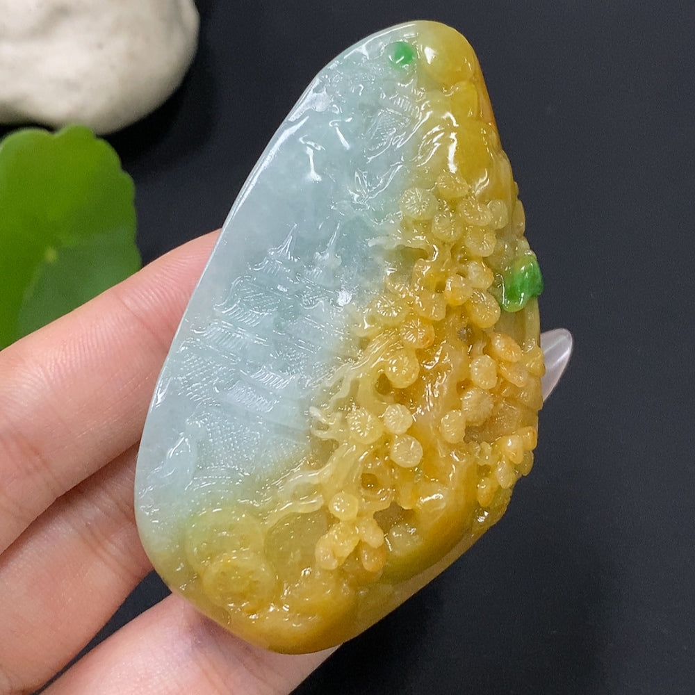 Jadeite Landscape Pendant . Color Origin Undetermined | Huiliu Certified