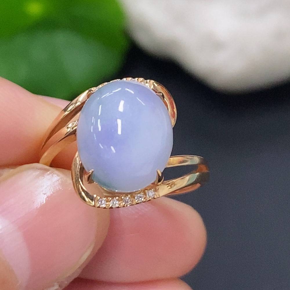 HUILIU HQ jadeite cabochon ring with diamond accents, featuring a smooth, polished green jade stone and elegant silver band.