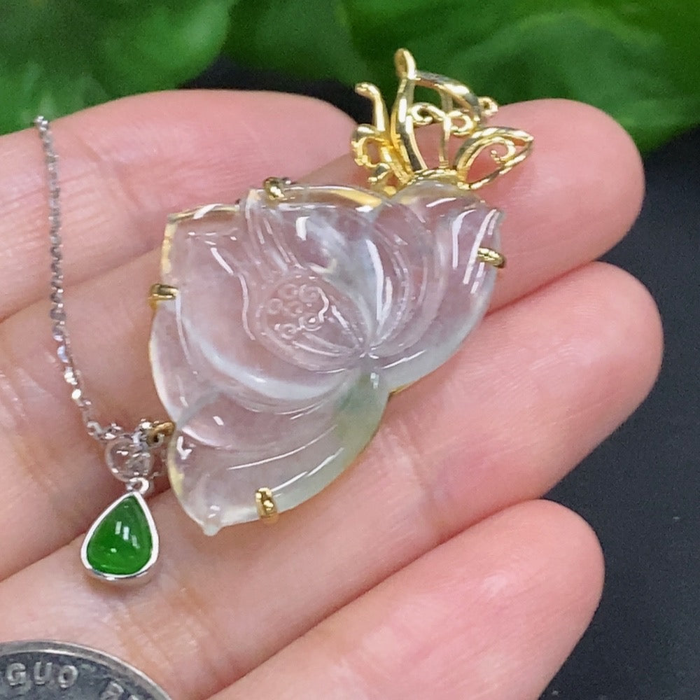 Jadeite Lotus Inlay Pendant . (Including Chain) | Huiliu Certified