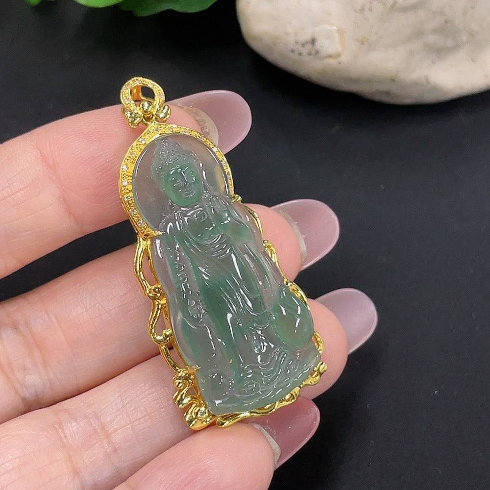 Jadeite Buddha pendant with 18K gold, featuring detailed Buddha carving, weighing approximately 5.9 grams, by HUILIU HQ.