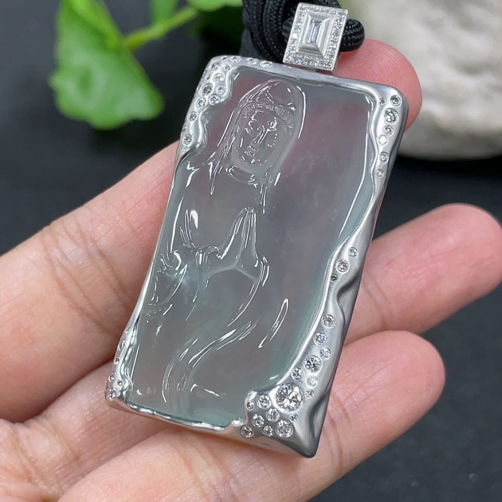 Jadeite Guanyin Pendant with 18K Gold and Diamond Setting, Total Weight Including Rope Approximately 21g, Overall Card Dimensions