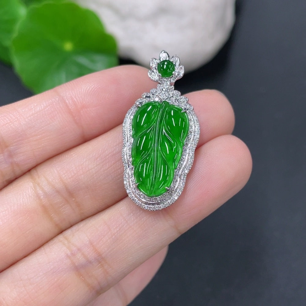 Jadeite Leaf Pendant with and Diamond Accents, . | Huiliu Certified