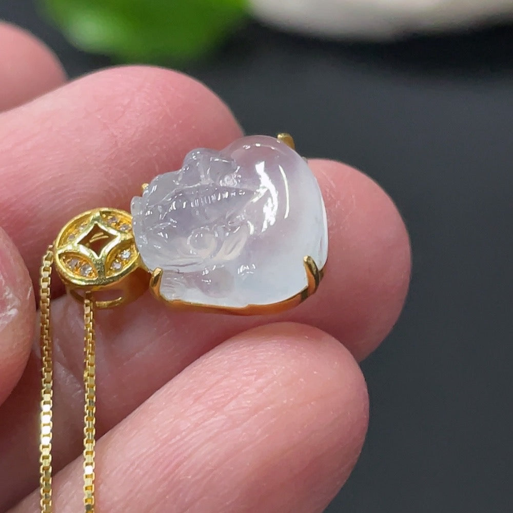 Jadeite Pi Xiu pendant with diamond accents, 18k gold inlay by HUILIU HQ, weighing approx. 1.7g, chain not included