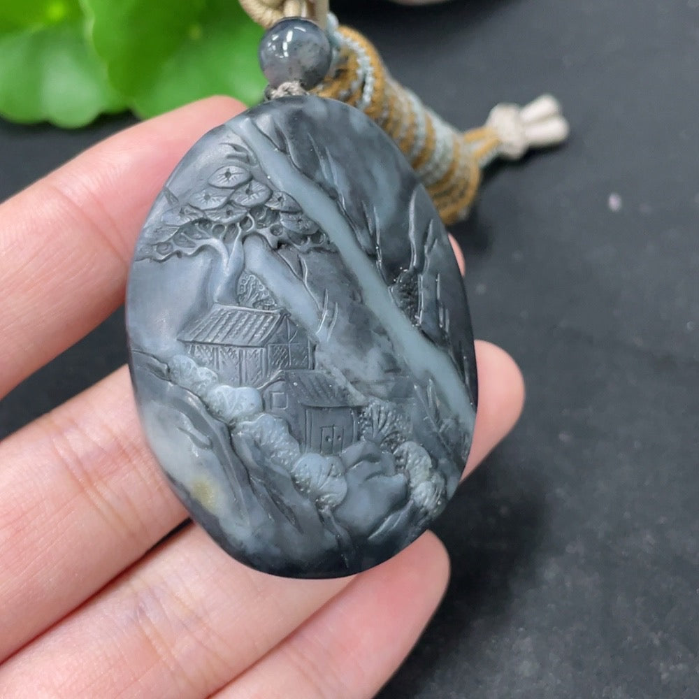 HKHQ Hetian Jade pendant with landscape design, undetermined skin tone, weighing approximately 54g including rope.