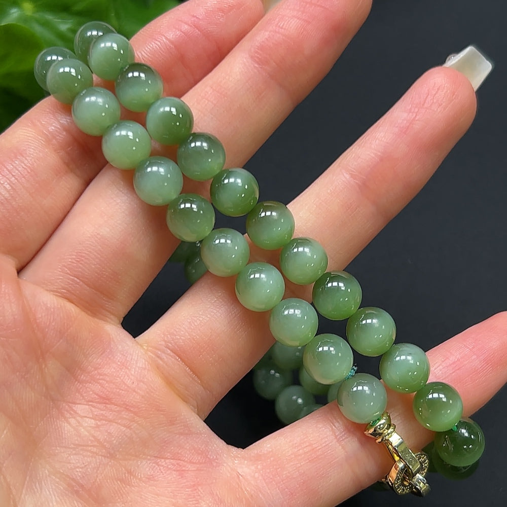 Hetian Jade bead chain necklace with 8mm non-gold beads, natural green gemstone jewelry from HKHQ