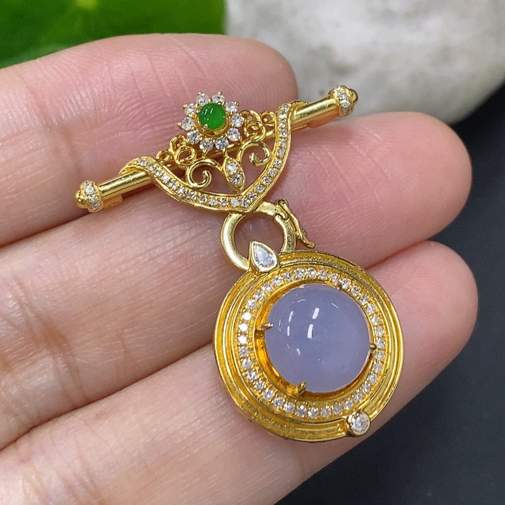 Jadeite Cabochon Brooch . (With Diamond Accents) | Huiliu Certified