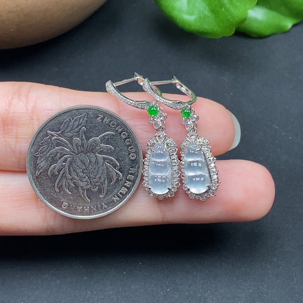 Jadeite Inlaid Earrings Gourd with Diamond Accents 18k