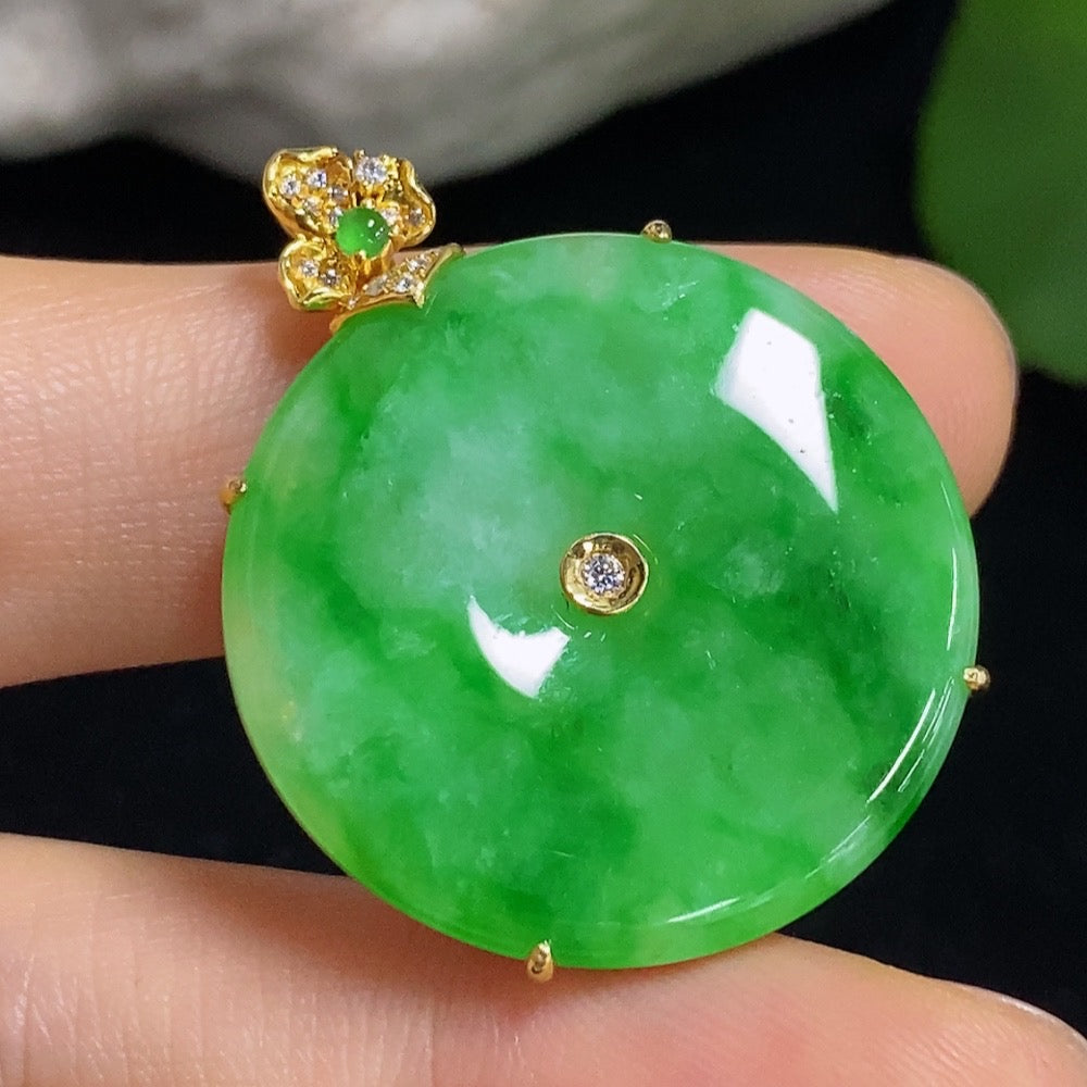 Jadeite safety buckle pendant necklace by HKHQ featuring a polished jadeite pendant with 18K gold accents, non-diamond design.