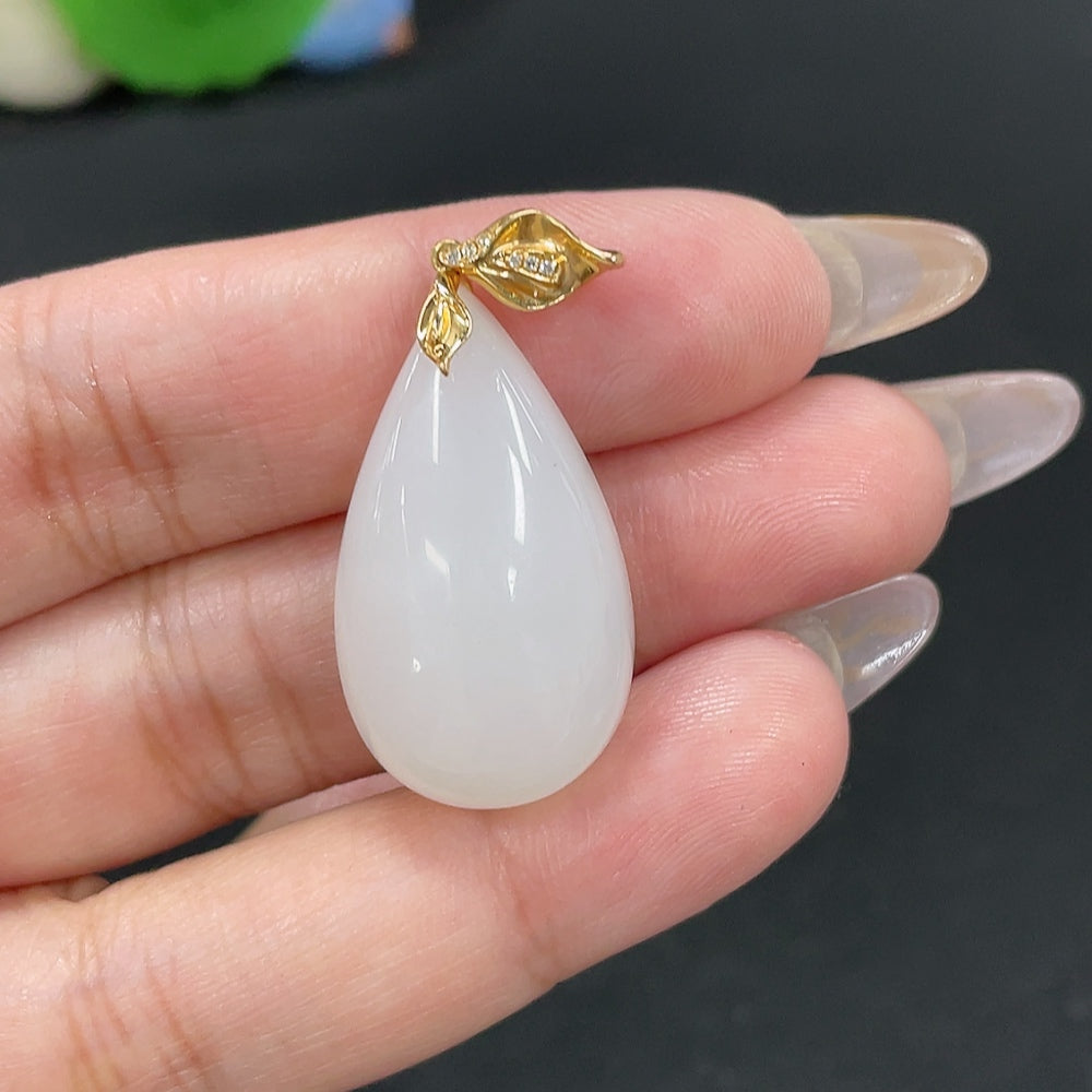 Hetian Jade Inlaid Pendant, Water Drop, Total Weight Approx. 7.4g, 18k Gold with Diamond Accents