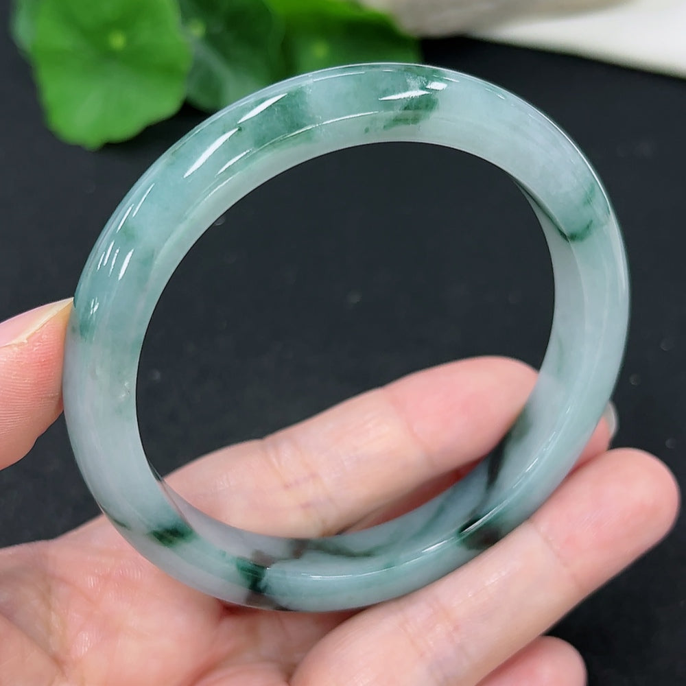 Jadeite round bangle bracelet in size 59.5, weighing 47.4g, featuring smooth polished jadeite from HKHQ.