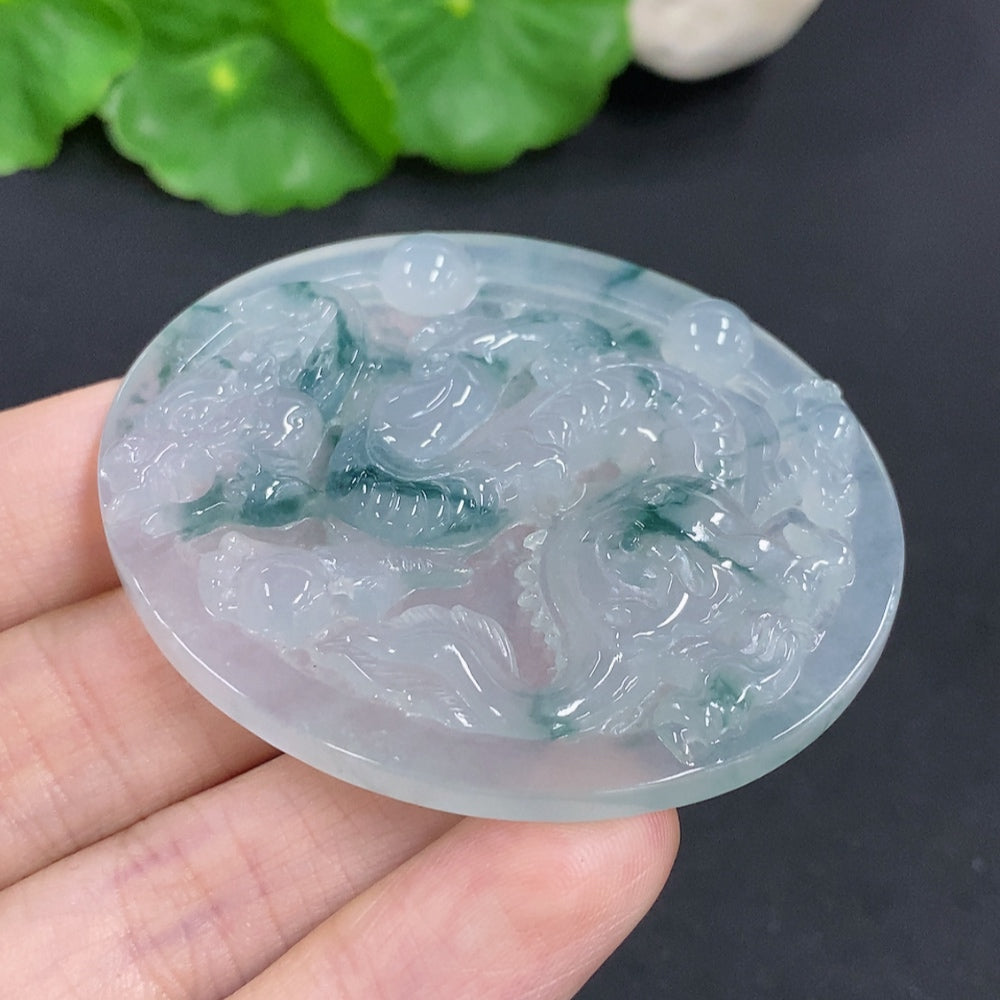 Jadeite dragon pendant necklace from HKHQ, weighs 29.8g, featuring a detailed green jadeite dragon charm on a necklace chain.